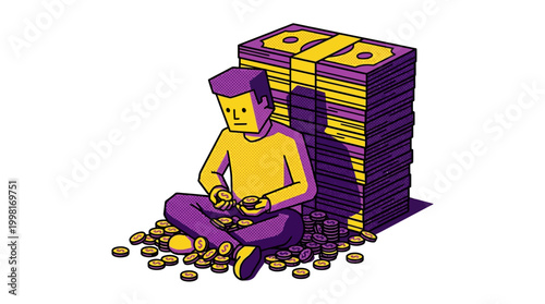 Person counting coins near stack of cash illustration for finance or business