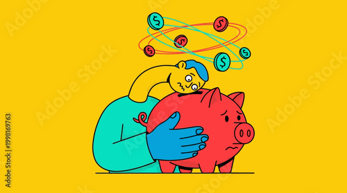 Cartoon illustration of a person and a piggy bank with swirling money coins on yellow