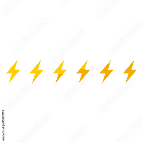Yellow lightning bolt icons set for energy power and speed design. Electric flash thunderbolt symbols for game interface and charging status. Fast solution and creative idea sign. Vector EPS 10.
