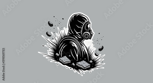 asbestos removal specialist in hazmat suit and gas mask surrounded by debris symbolizing hazardous materials and industrial safety.