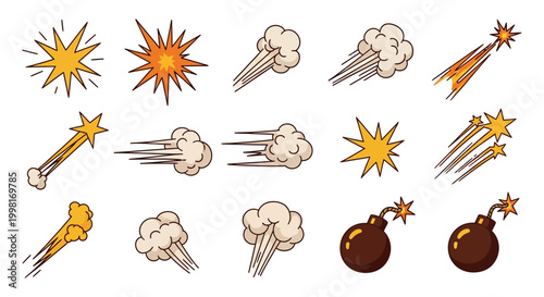 comic action elements depicting cartoon explosions speed lines smoke trails and bombs ideal for graphic design and animation projects.