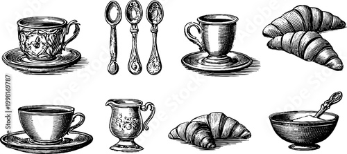 Vintage engraved cafe clipart sheet of cups, spoons, croissants and milk jug for menu, packaging and banner design