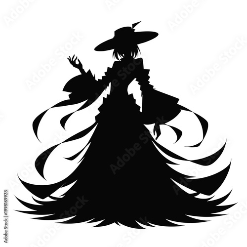 Gothic Victorian woman silhouette vector, elegant lady in vintage ball gown and wide brim hat, mysterious female character profile in black and white