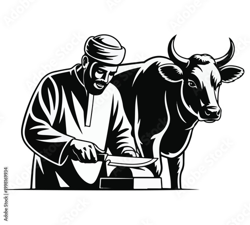 Muslim Man Sharpening Knife for Eid al-Adha Qurbani Ritual Sacrifice