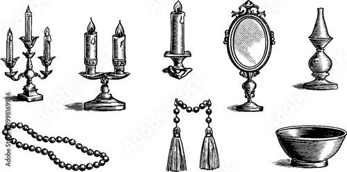 Vintage engraved clipart sheet of candlesticks mirrors tassels beads and bowls for background design and decorative craft use with ornate accessories