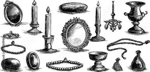 Vintage engraved clipart sheet of candles mirrors urns pearls tassels and bowls for background design and ornate craft projects with decorative antique elements