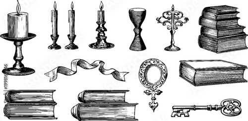 Vintage engraved clipart sheet of candles stacked books ribbons keys and goblets for background design and bookish craft projects with antique decorative elements