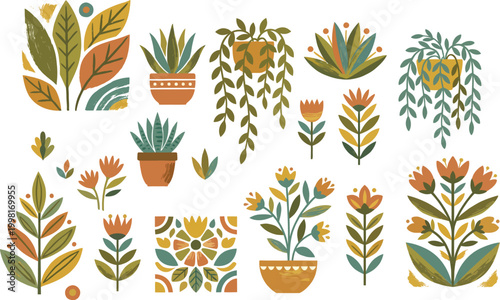 A delightful collection of stylized plants and flowers in a colorful folk art style.