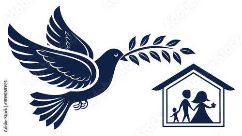 Peace dove carrying olive branch near family home symbol protection unity and hope minimalist line art illustration
