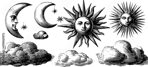 Vintage engraved celestial sheet with sun moon clouds and stars borders for decorative background and poster design with ornate sky elements