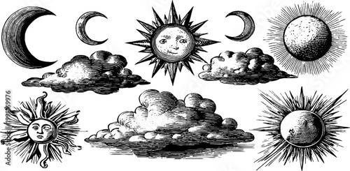 Vintage engraved celestial composition of suns moons clouds and stars for decorative background and poster design with radiant antique orbs