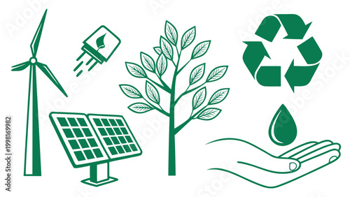 Green eco sustainability icons set with wind turbine solar panel tree recycling symbol water drop and hand line art illustration