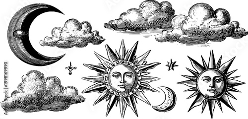 Vintage engraved celestial vignette with crescent moons suns and layered clouds for background and poster design decorative sky borders