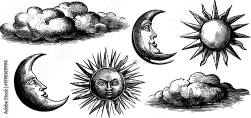 Vintage engraved celestial sheet with sun moon clouds and stars for ornamental borders, background frames and decorative design use