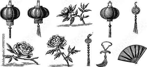 Vintage engraved chinese lanterns and peony elements sheet with tassels and fan for decorative design background and craft elements