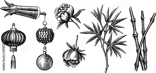 Vintage engraved chinese peonies bamboo and hanging charms clipart sheet for stationery background and craft design