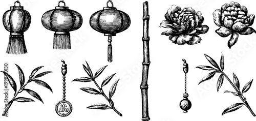 Vintage engraved chinese lanterns peony and bamboo sheet with branches and coins for decorative design background and craft elements