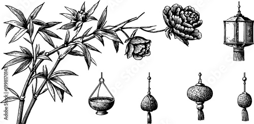 Vintage engraved chinese bamboo branch peonies and assorted lanterns clipart sheet for banner background and print design