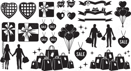 A collection of black and white vector icons for shopping, gifts, and sales, featuring heart shapes, gift boxes, and people silhouettes.