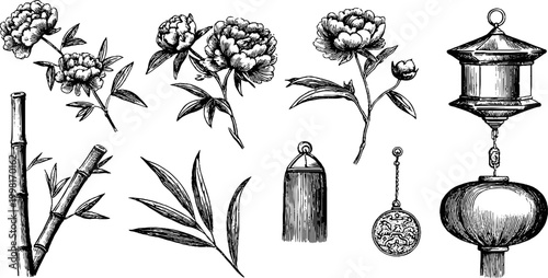 Vintage engraved chinese peonies bamboo stalks and assorted lantern ornaments clipart sheet for pattern background and craft design