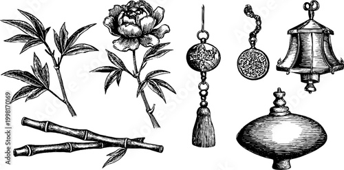 Vintage engraved chinese peony sprigs and bamboo stalks with hanging tassels and coin amulets for decorative design and background use