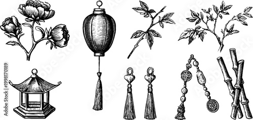 Vintage engraved chinese peony lantern and decorative tassel clipart sheet with pagoda bamboo and coin elements for design
