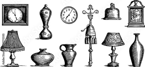 Vintage engraved clock and ceramic vase drawing sheet in black ink for background and decorative design elements and printable crafts