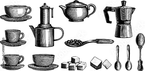 Vintage engraved coffee cup moka pot and coffee bean drawing sheet in black ink for menu background packaging and cafe design elements