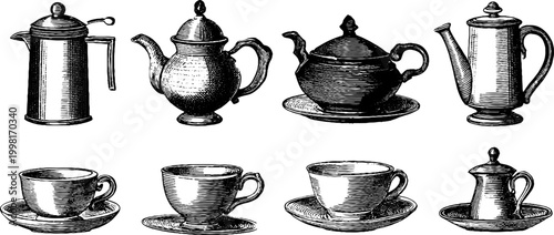 Vintage engraved clipart sheet of coffee pots teapots and cups for design assets packaging and kitchen product labels