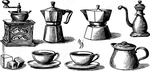 Vintage engraved clipart sheet of coffee grinders and espresso cups for design assets packaging and seamless background use
