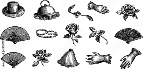 Vintage engraved corsage accessories sheet with gloves hat fans roses necklace and bell for retro stationery and craft design
