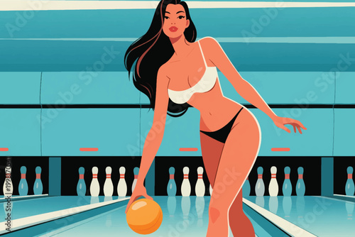 Sexy Woman Playing Bowling Illustration Creative Design Template 
