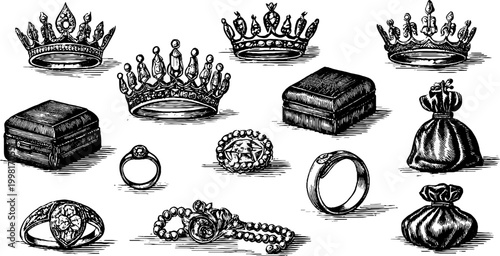 Vintage engraved crown and jewelry clipart sheet with crowns rings boxes pearls and pouches for decorative banner or printable design elements