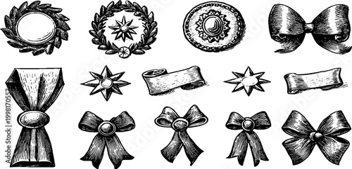 Vintage engraved diploma medal and ribbon clipart sheet with laurel wreaths stars bows and award badges for certificate design and decorative elements