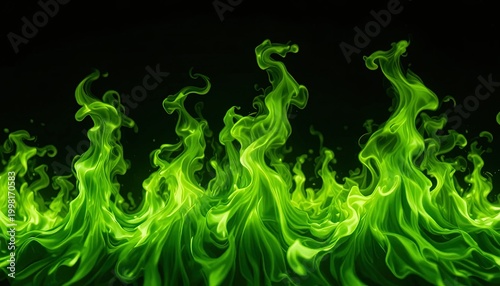 Glowing green abstract smoke waves on black background for futuristic design