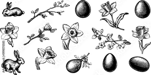 Vintage engraved clipart sheet of easter eggs rabbits daffodils and spring florals for holiday card design and seasonal background