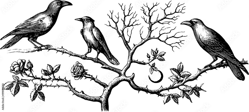 Fototapeta premium Vintage engraved sheet of forest ravens on a bare branch with roses and leaves for decorative background and design elements
