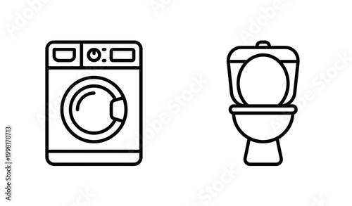 Household Appliance Icon Set Toilet and Washing Machine Outline Vector Illustration Isolated on White Background