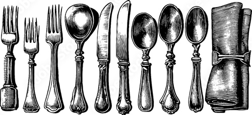 Vintage engraved cutlery set of forks knives spoons and napkin bundle for menu header background and kitchen design elements