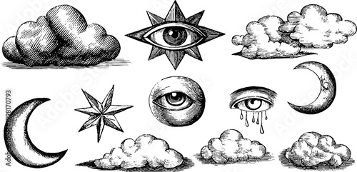 Vintage engraved fortune symbols sheet with eyes stars moons and clouds for mystical design elements and occult banner background