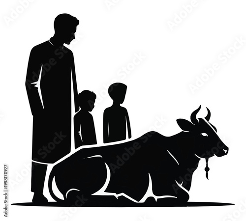 Muslim Father and Sons with Sacrificial Cow for Eid al-Adha Celebration