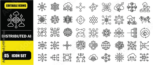 Distributed AI Network System Icon Set – Enterprise Infrastructure, Cloud Computing Architecture, Intelligent Node Networks, Scalable AI Systems, Data Flow and Connectivity Line Icons – Thin Line Edit
