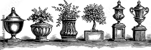 Vintage engraved clipart sheet of garden statues urns and planters for classical decorative background and ornamental design elements for posters and banners
