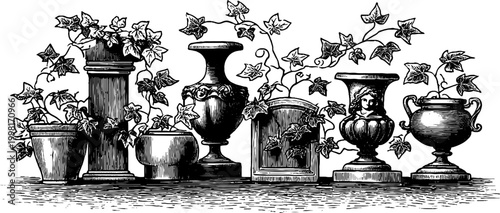 Vintage engraved botanical clipart sheet of garden statues urns and planters with ivy for decorative architectural background