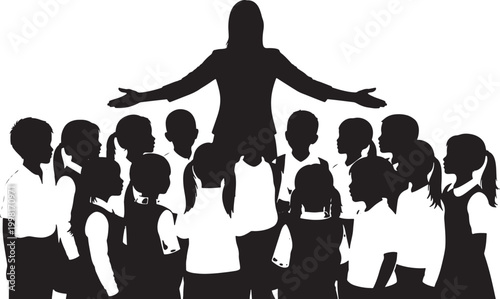Silhouette vector illustration of a female teacher standing with arms open wide among a group of young school children for education concept