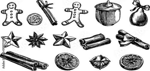 Vintage engraved clipart sheet of gingerbread cookies cinnamon sticks and citrus slices for holiday baking pattern and christmas design background and gift tags