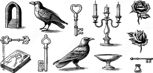 Vintage engraved clipart sheet of gothic arches ravens keys candelabra and roses for dark antique background and moody decorative design elements