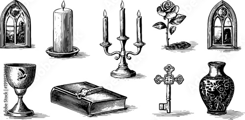 Vintage engraved gothic window and religious object clipart sheet for print and design backgrounds and decorative elements