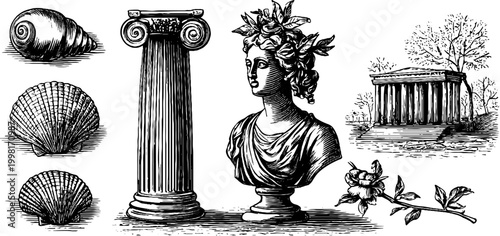 Vintage engraved clipart sheet of classical goddess busts shells columns and temple ruins for historical decorative background and architectural design elements