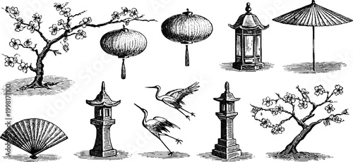Vintage engraved japanese lanterns fans and cherry blossom sheet with pagoda, cranes and stone lanterns for wallpaper and pattern design